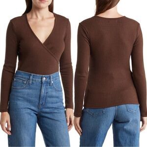 Madewell NWT Simon Soft Ribbed Mock Wrap Style Long Sleeve Brown Top Size XS